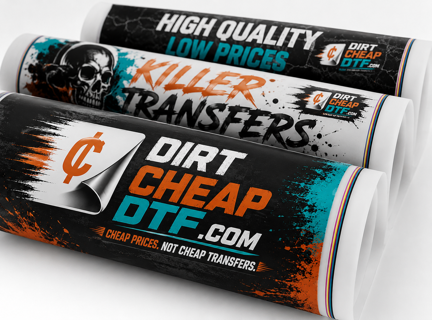 Rolls of Dirt Cheap DTF branded transfer film